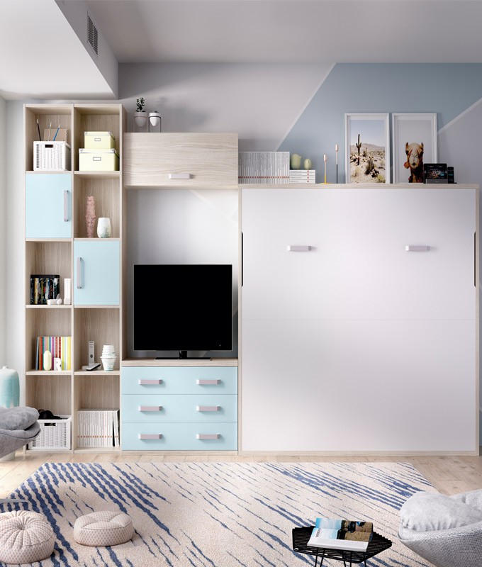 ▷ Dormitorio todo en uno: Cama abatible, estantería y vestidor