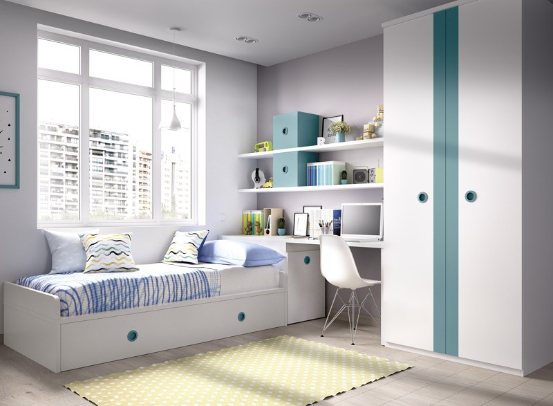 Dormitorio juvenil con 2 camas. Armario rinconero, Escritorio y Estanterías  W020