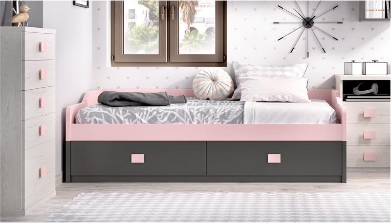 Dormitorio Juvenil con cama, xifonier, escritorio rincón y módulos estantes  Ref YH212