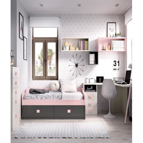 Dormitorio Juvenil cama con contenedores, escritorio y módulo estante Ref  YH506