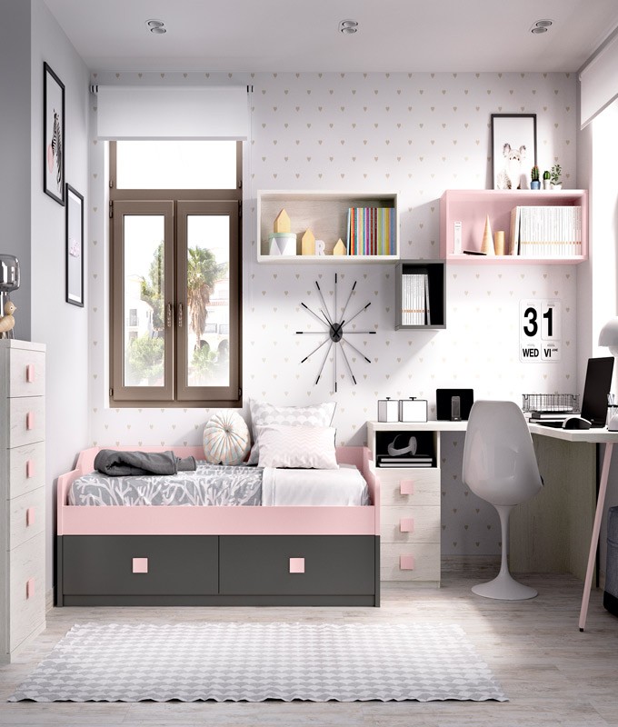 Dormitorio juvenil completo con escritorio y cabecero estantería