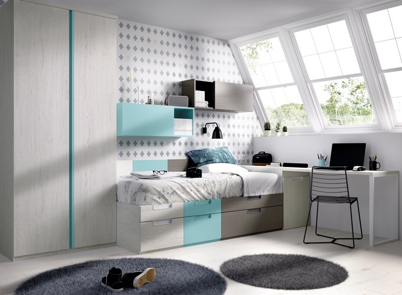 Dormitorio Juvenil con cama y escritorio con cajonera Ref YH303
