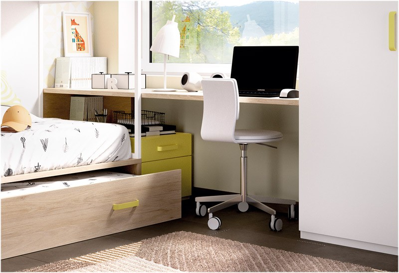 Dormitorio Juvenil litera con cajones contenedores, armario y escritorio  Ref YH302