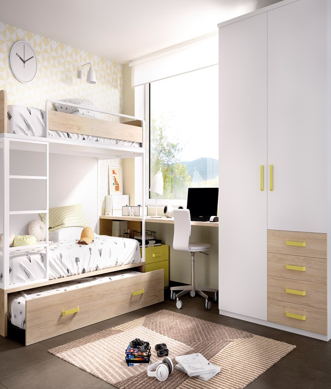 Dormitorio Juvenil con Litera, armario y escritorio con cajonera