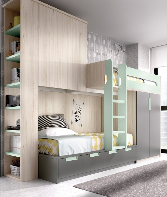 Dormitorio Juvenil con Litera con cama Matrimonial e individual, armario y  librería Ref YH311