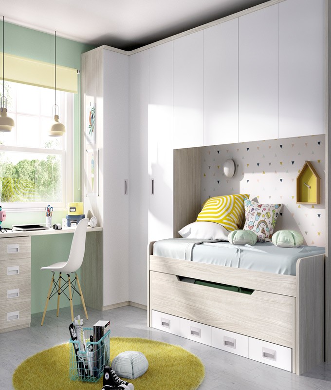 ▷ Habitacion Juvenil con cama, armario rincón y zona de estudio
