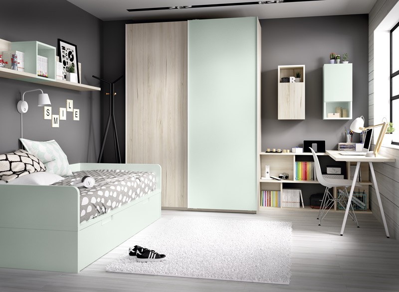 Dormitorio Juvenil con 2 camas, armario, escritorio y módulos estantes Ref  YH107