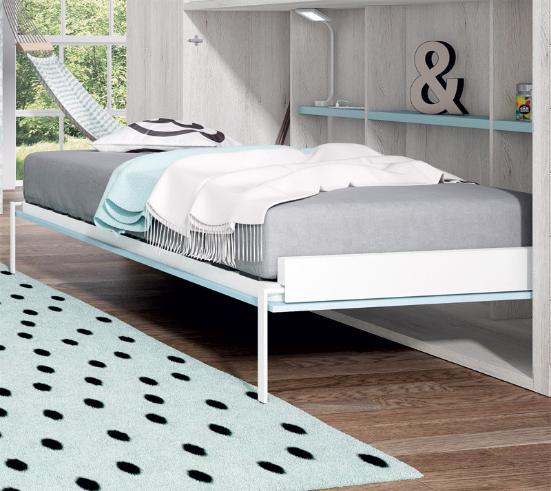 Dormitorio con cama abatible matrimonial con altillo, armario y estantería  Ref YH414