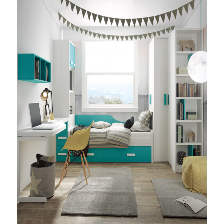 Dormitorio Juvenil con cama, armario tv, librería y escritorio