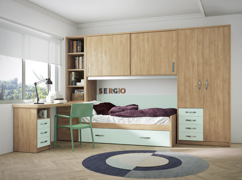 Dormitorio juvenil con cama, escritorio, armarios y altillo puente