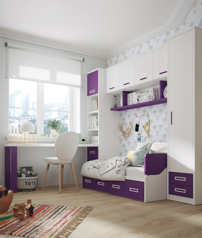 Dormitorio Juvenil con cama, armario, puente, Librería y escritorio